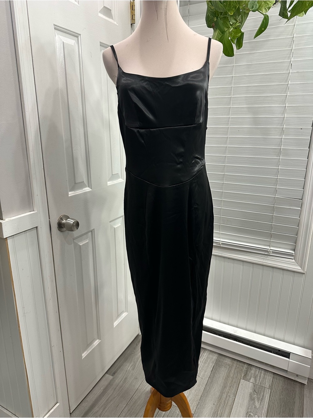 Elegant Black Satin Slip Midi Dress - Sleek Evening Staple